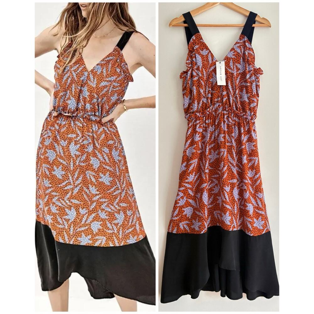 Amour Vert Kirstie Silk Midi Dress High Low Hem Orange Floral Dot Sleeveless M